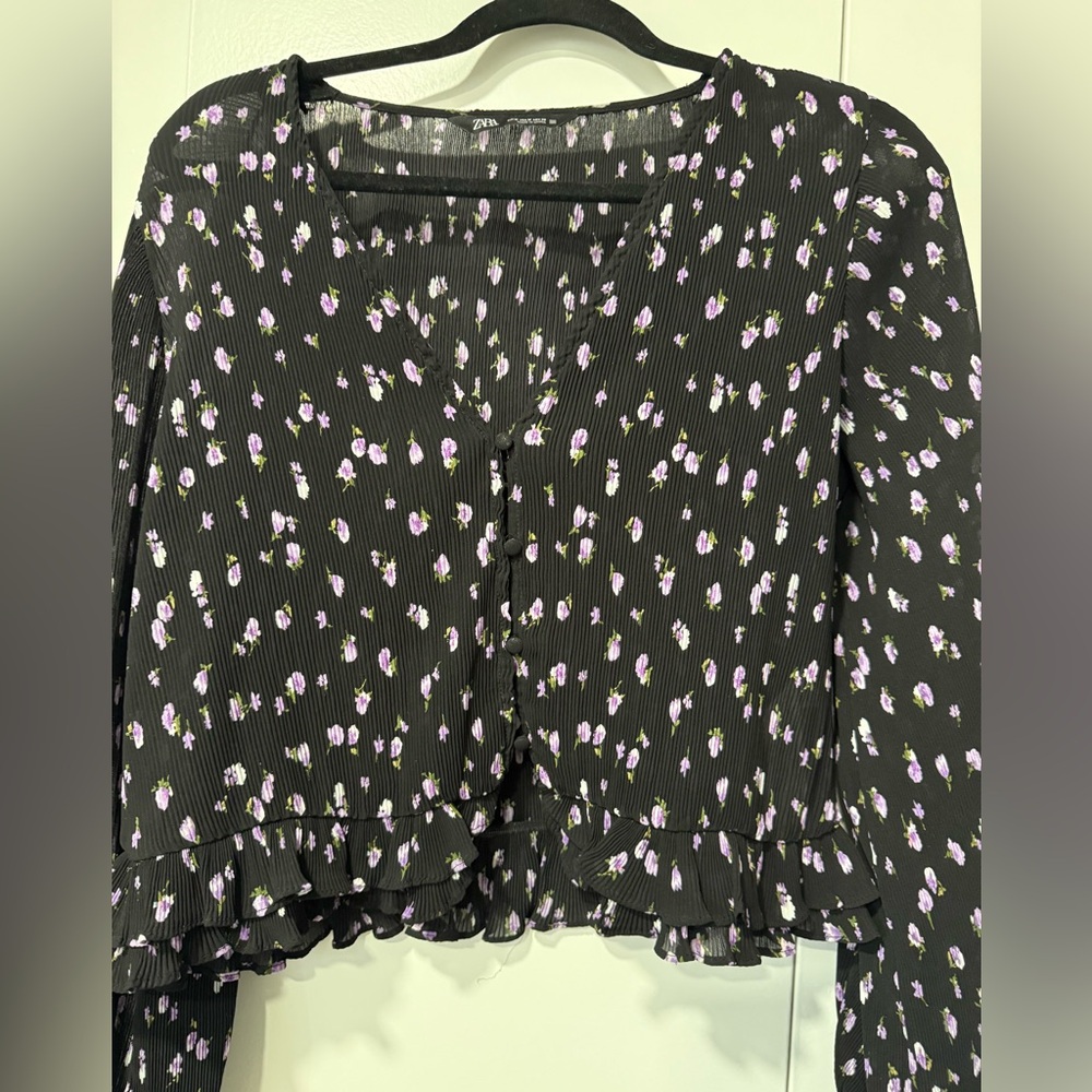 Zara Black Blouse with Purple Floral Design